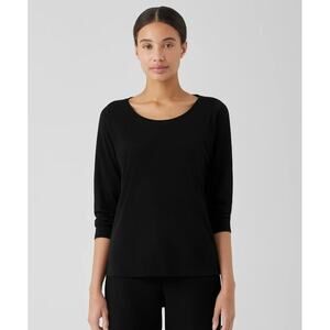 Eileen Fisher Boxy Stretch 100% Silk Jersey Tunic Black M Lagenlook Chic Luxe